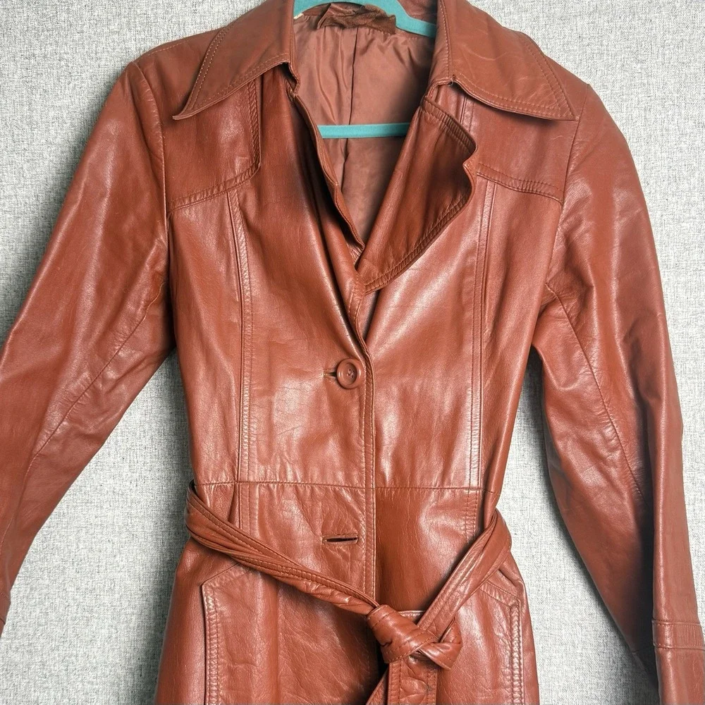 Vintage 70s Rust Brown Orange Leather Full Length Trench Coat Made Korea SMALL - Picture 2 of 16